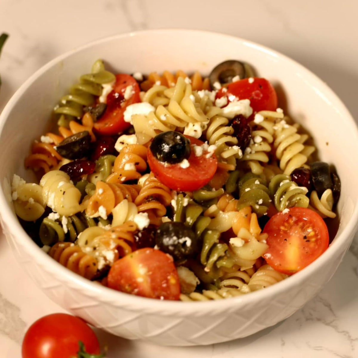 Feta cherry tomato pasta salad